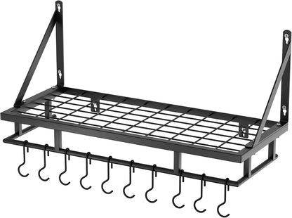 24-Inch Wall-Mounted Kitchen Pot and Pan Rack with 10 Hooks, Matte Black Finish