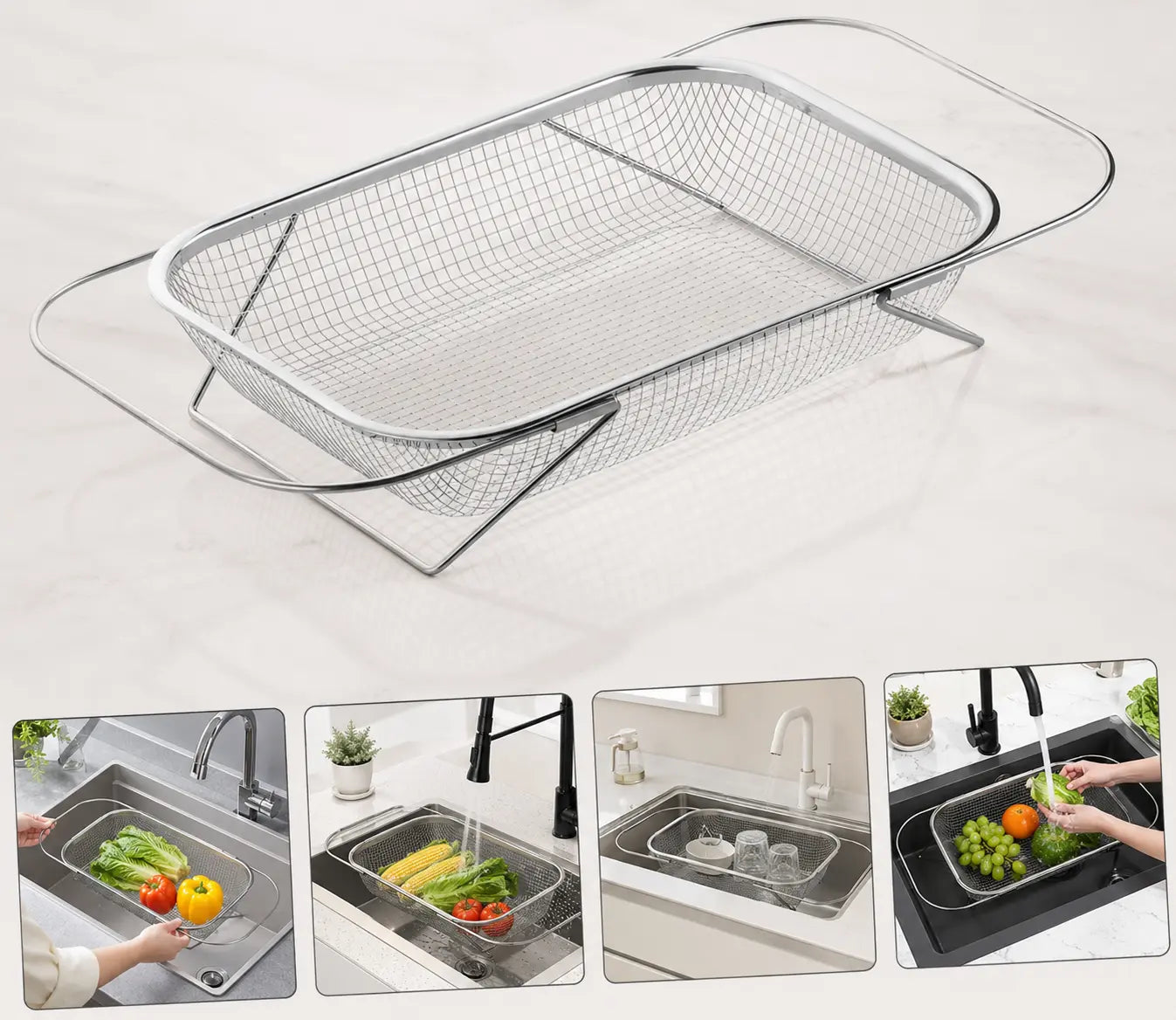 Stainless Steel Expandable Over-The-Sink Colander Strainer Basket with Handles - Rectangular Fine Mesh Kitchen Utensil, Essential Kitchen Supply
