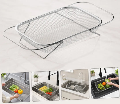 Stainless Steel Expandable Over-The-Sink Colander Strainer Basket with Handles - Rectangular Fine Mesh Kitchen Utensil, Essential Kitchen Supply