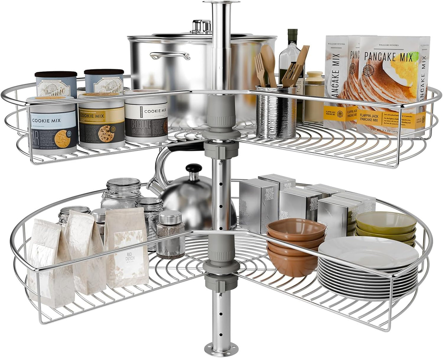 24-Inch Corner Cabinet Turntable with 270° Rotation, Adjustable Height 2-Tier Stainless Steel Storage Rack for Kitchen Cabinets