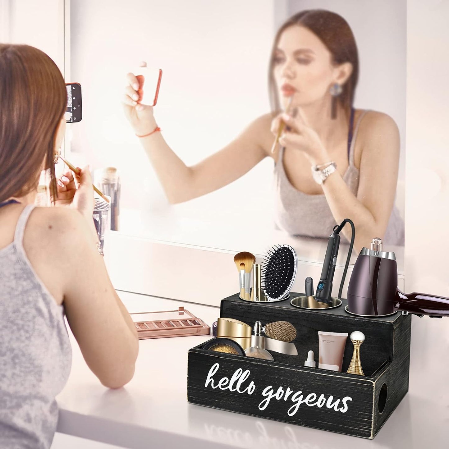 Professional Hair Tool Organizer - Black Countertop Holder for Blow Dryer, Curling Iron, and Styling Accessories - Elegant Bathroom Storage Solution for Makeup and Toiletries