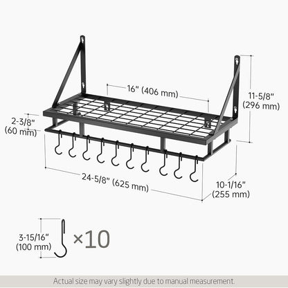 24-Inch Wall-Mounted Kitchen Pot and Pan Rack with 10 Hooks, Matte Black Finish