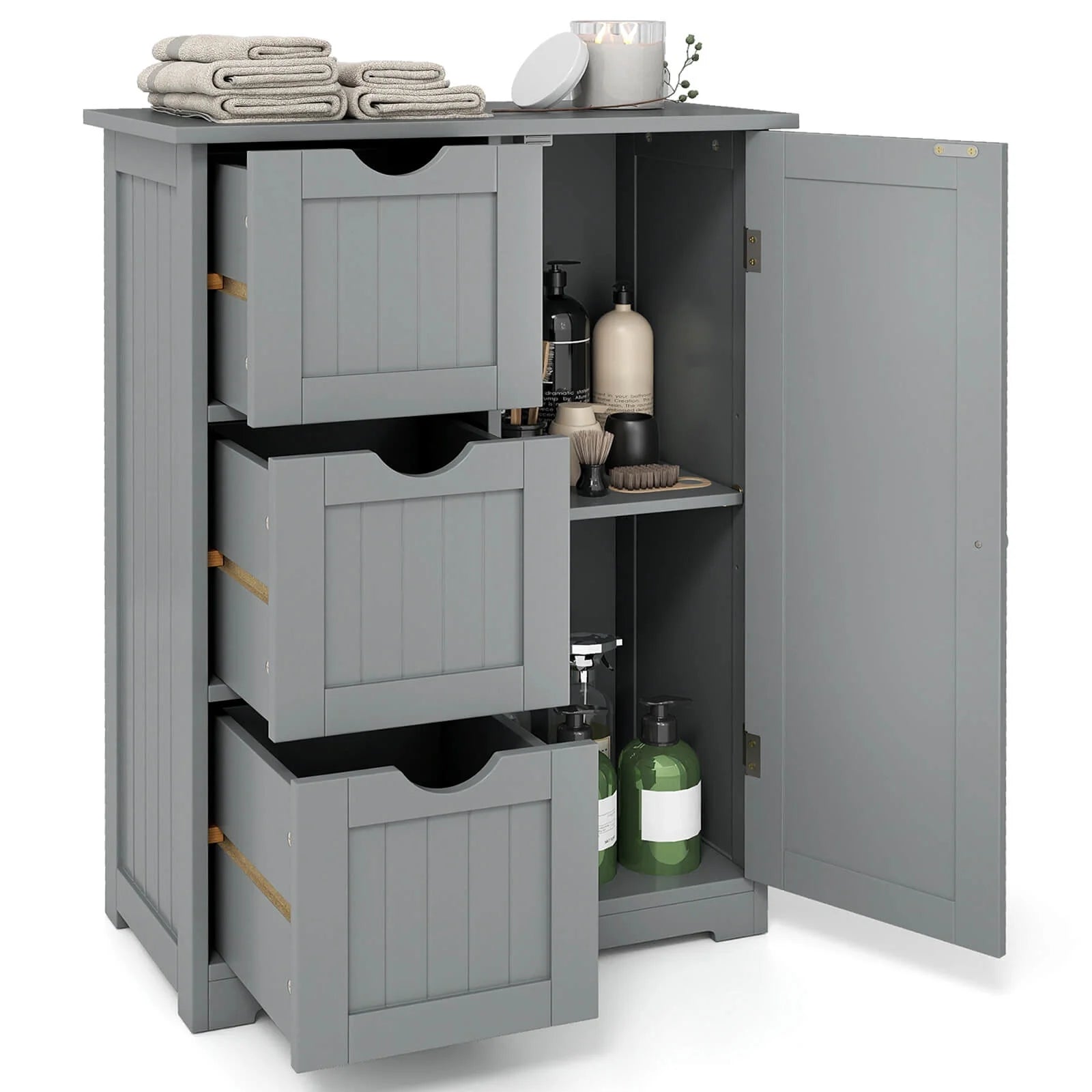 Grey Bathroom Floor Cabinet with Three Drawers and One Cupboard for Side Storage