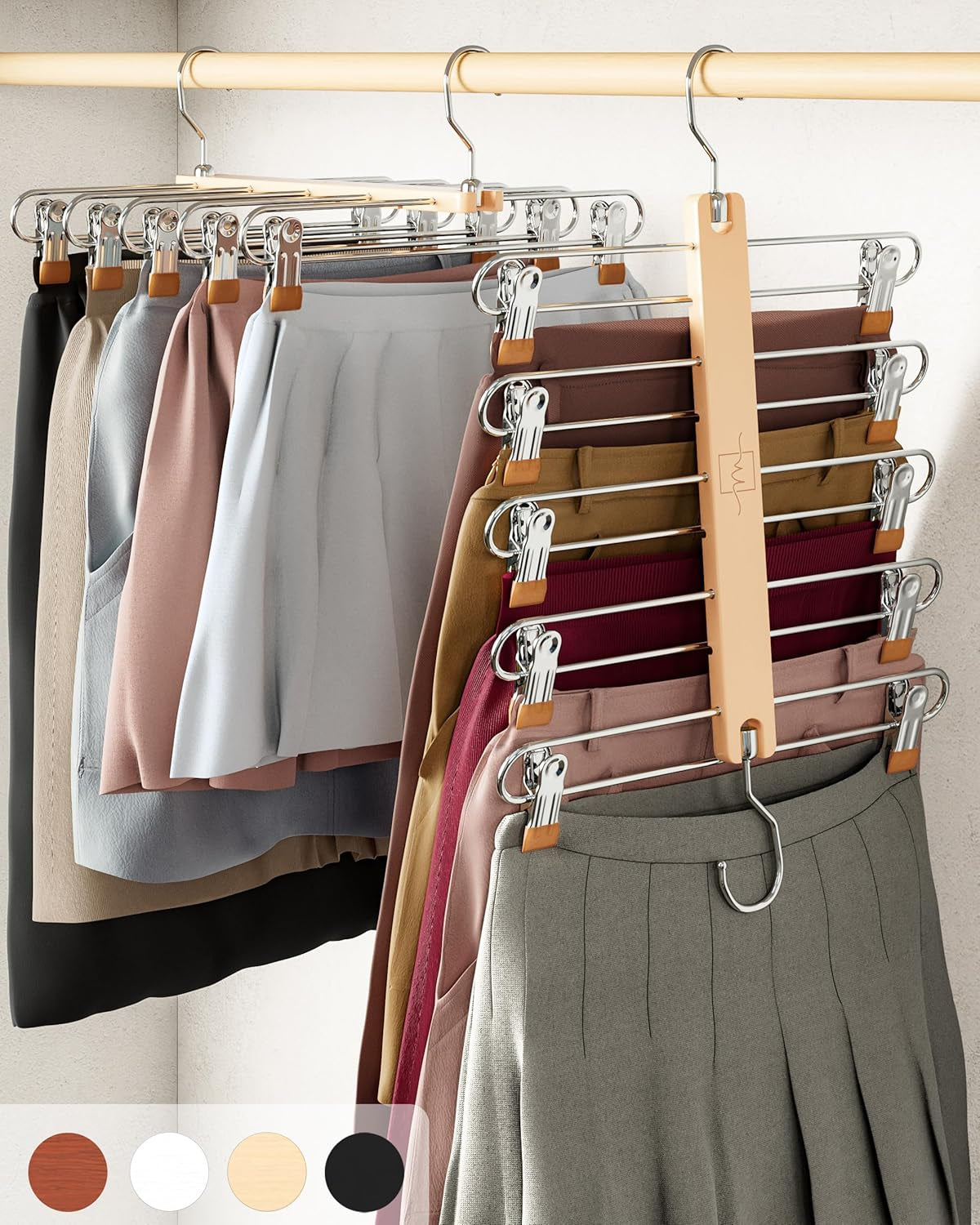 Skirt Hangers Space Saving with Clips - 2 Pack - European Beechwood 5-Tier Hanger for Shorts, Skirts, and Pants - Closet Organizer and Storage Solution for Women with 360° Swivel Hook