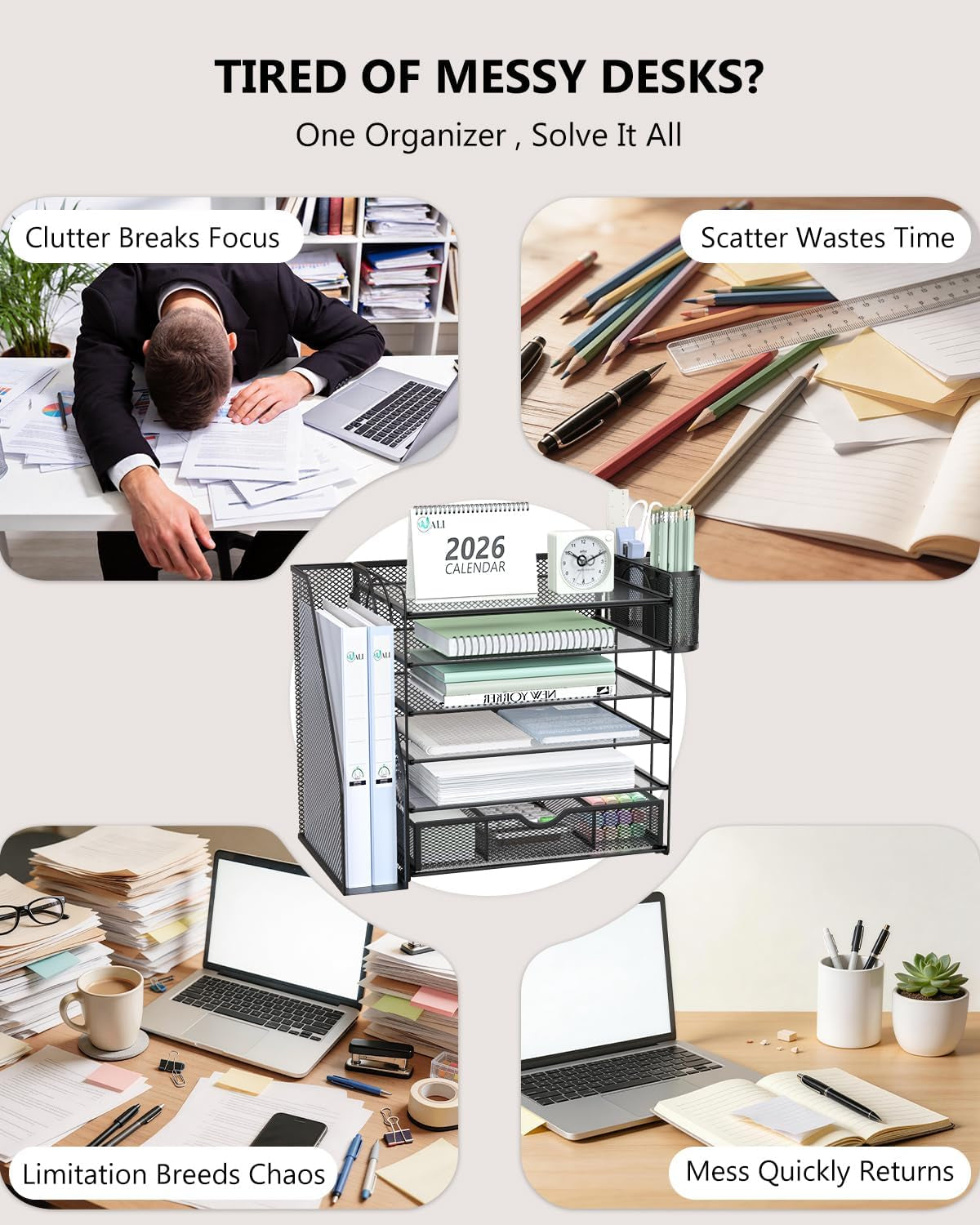 6-Tier Desktop File Organizer with Drawer and Dual Pen Holders - Professional Office and Home Workspace Accessory, Black