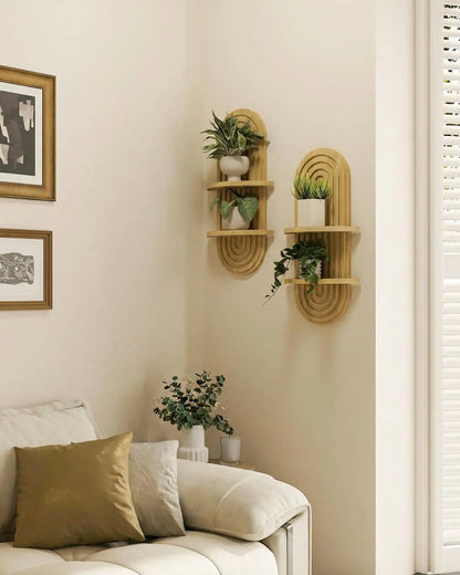 Bamworld Boho Wall Decor Plant Wall Shelf Mid Century Modern Decor Hanging Plant Shelf 2-Tier 1-Tier Wooden Floating Shelves for Home Bathroom Bedroom Living Room Office Holding Planter Decoration Walnut Natural