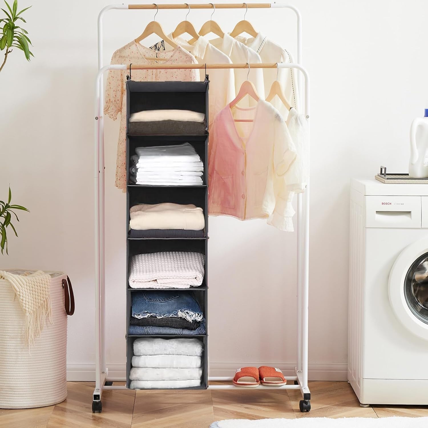 6-Tier Hanging Closet Organizer with Two Durable Hooks, Grey