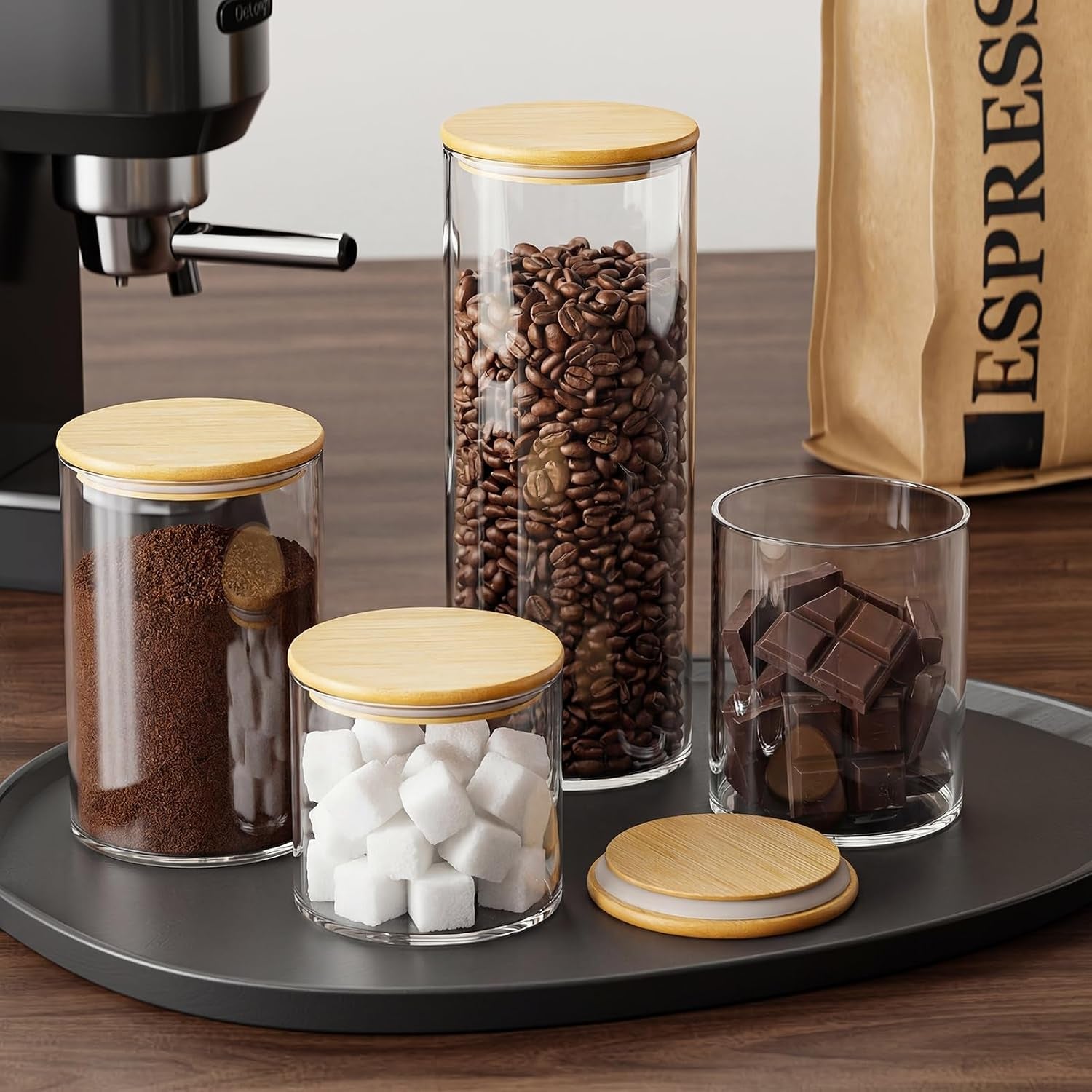 Set of 5 Multi-Size Glass Storage Jars with Lids for Coffee and Candy Preservation