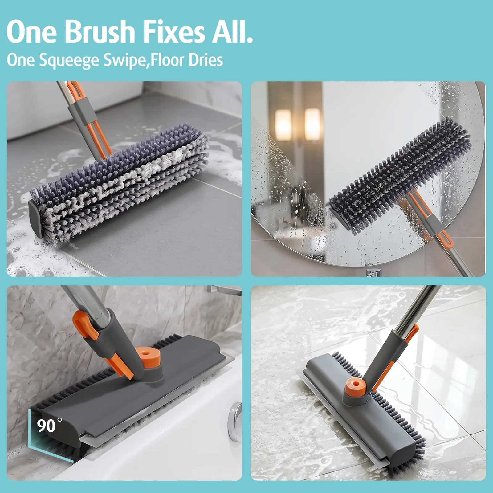 AIR U Floor Scrub Brush with Multi-Purpose Long Handle Scrub 3 in 1 360°Rotating Scrape and Heavy-Duty Stiff Bristle Scrubber Brush for Bathtub Cleaning Shower Bathroom Patio Garage Kitchen Wall and Deck Cleaning Supplies Home Essential Items