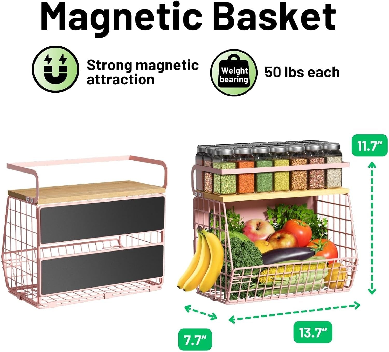 Magnetic Shelf for Fridge with Wood Lid, Fruit Potato and Onion Storage Bins, Pantry Organizers & Storage, Large Container Magnetic Spice Rack for Refrigerator, Kitchen Counter, Cabinet (Pink, 2)