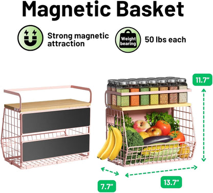 Magnetic Shelf for Fridge with Wood Lid, Fruit Potato and Onion Storage Bins, Pantry Organizers & Storage, Large Container Magnetic Spice Rack for Refrigerator, Kitchen Counter, Cabinet (Pink, 2)