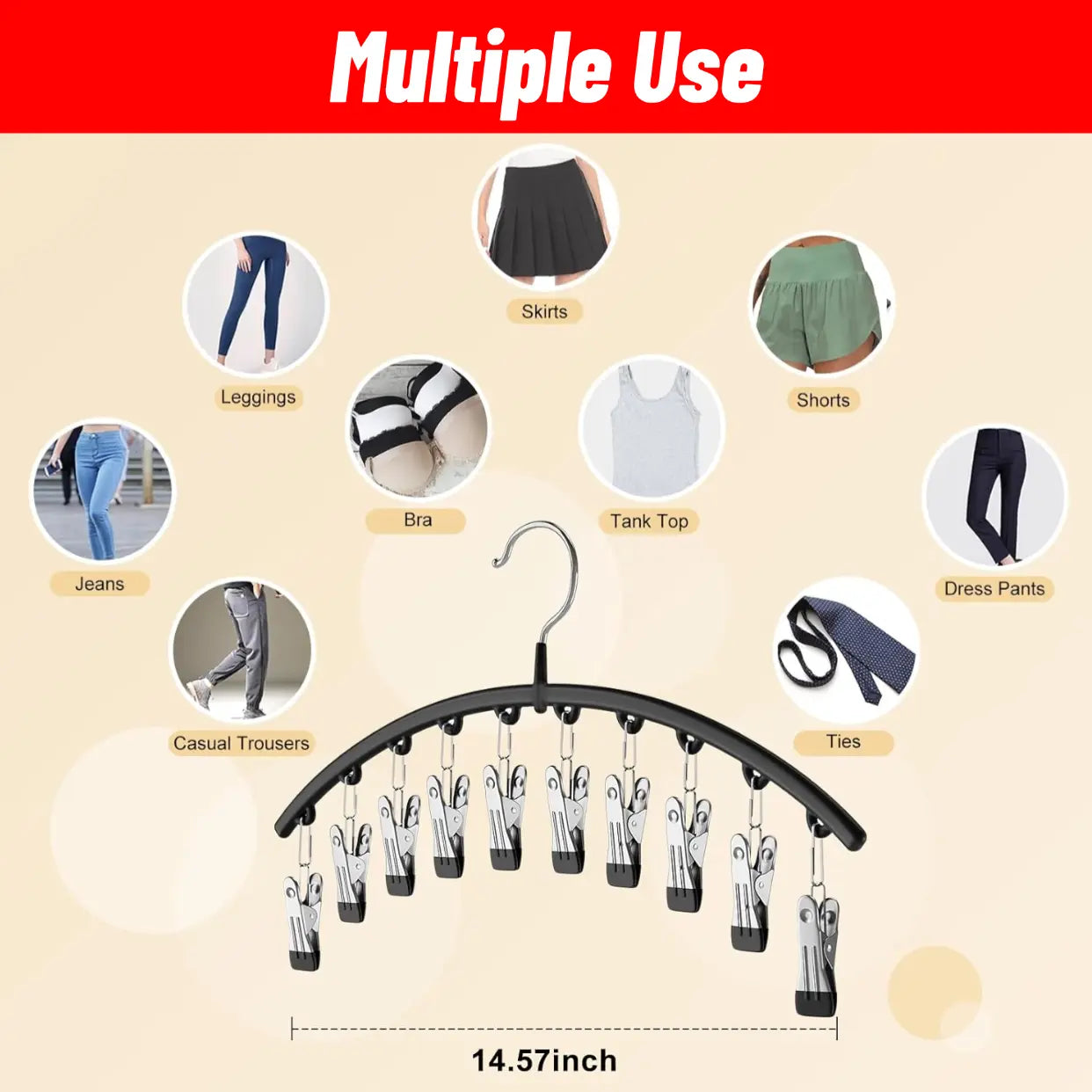 Curved Shape Hanger,10/Pcs Metal Yoga Pants Hanger, Home Organizer for Closet, Pants Hanger with 10Clothespins, Space Saving Hanging Hanger