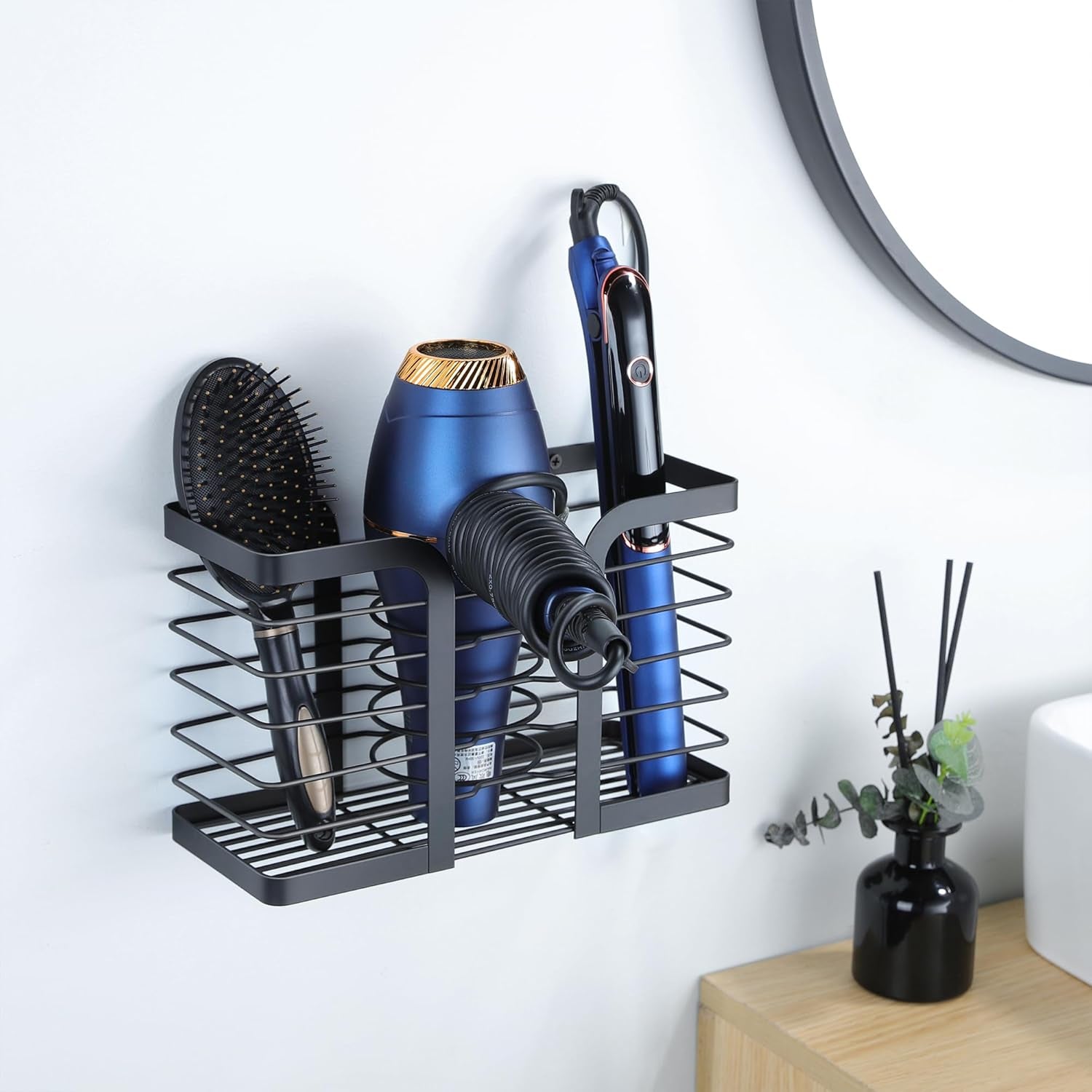 3-In-1 Adjustable Hair Dryer Holder and Tool Organizer for Wall Mounting or Cabinet Doors - Compatible with Flat Irons, Curling Irons, and Hair Straighteners