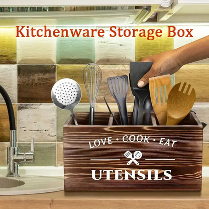 Rustic Brown Wooden Utensil Holder - 3-Compartment Kitchen Caddy for Cooking Tools and Accessories