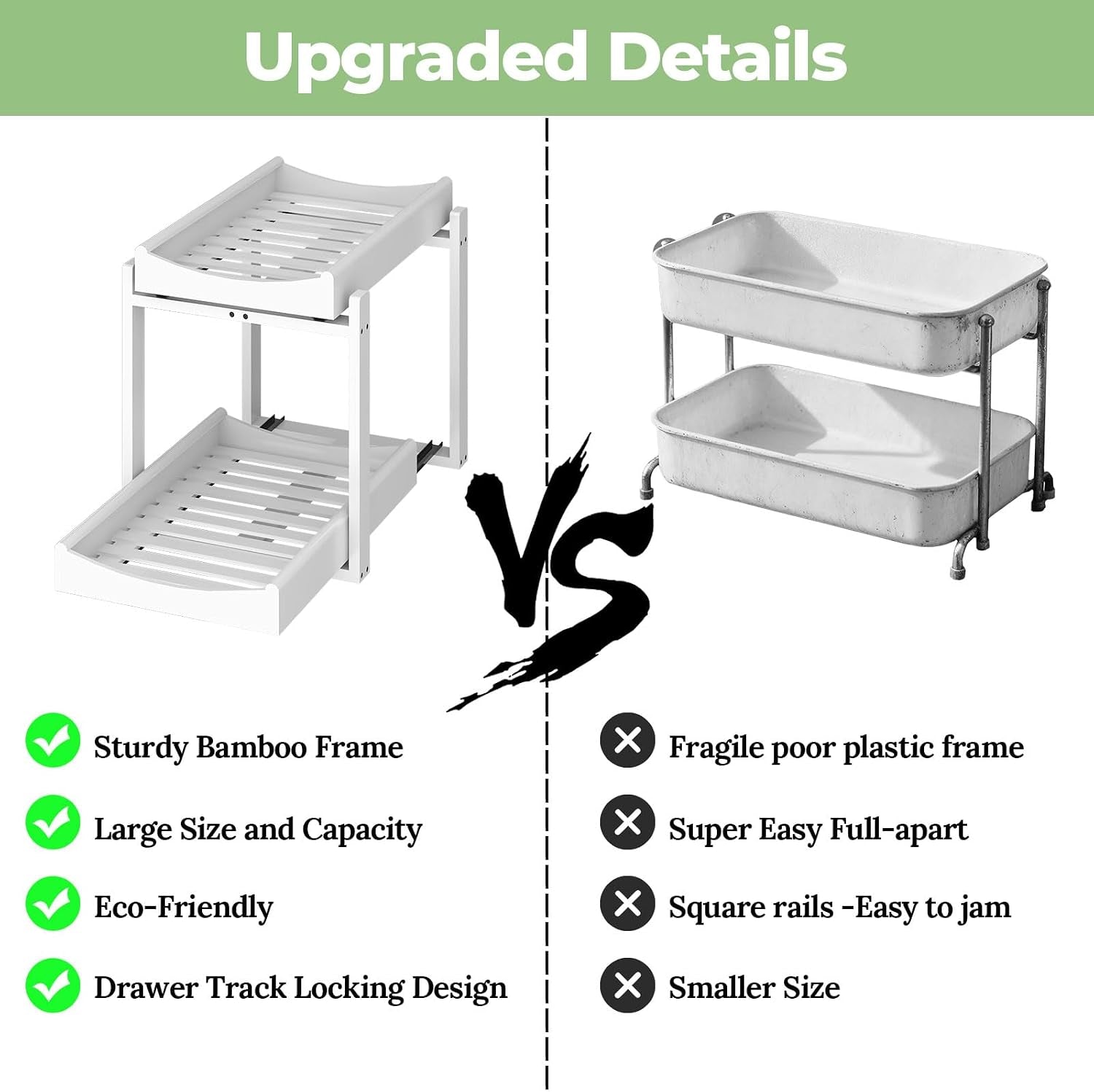 Bamboo under Sink Organizer, 2 Pack Pull Out Cabinet Organizer