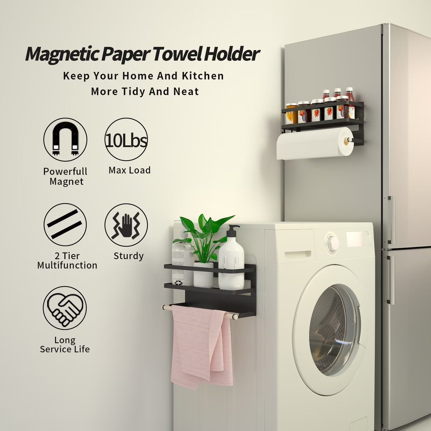 Magnetic Spice Rack and Paper Towel Holder for Refrigerator
