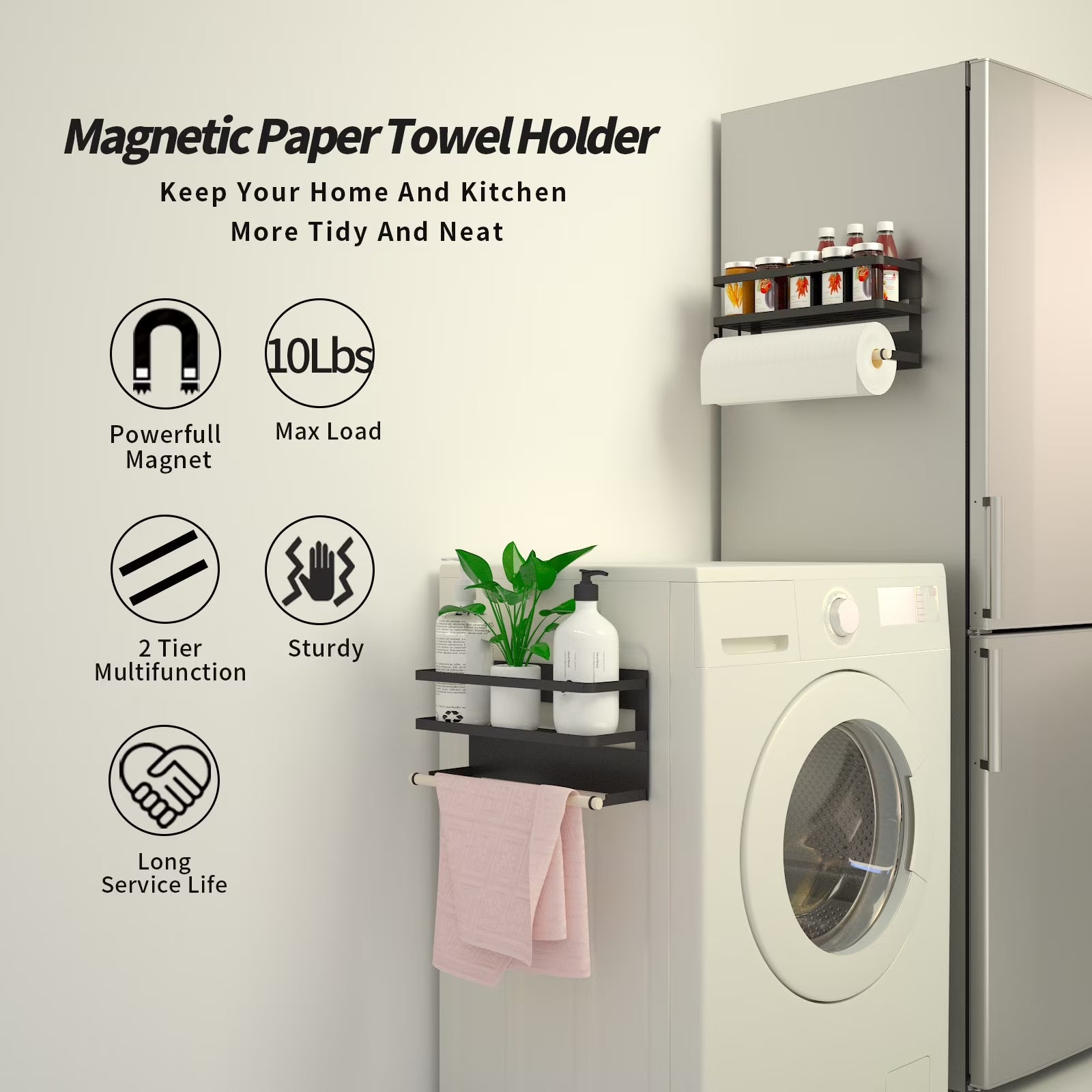 Magnetic Spice Rack and Paper Towel Holder for Refrigerator