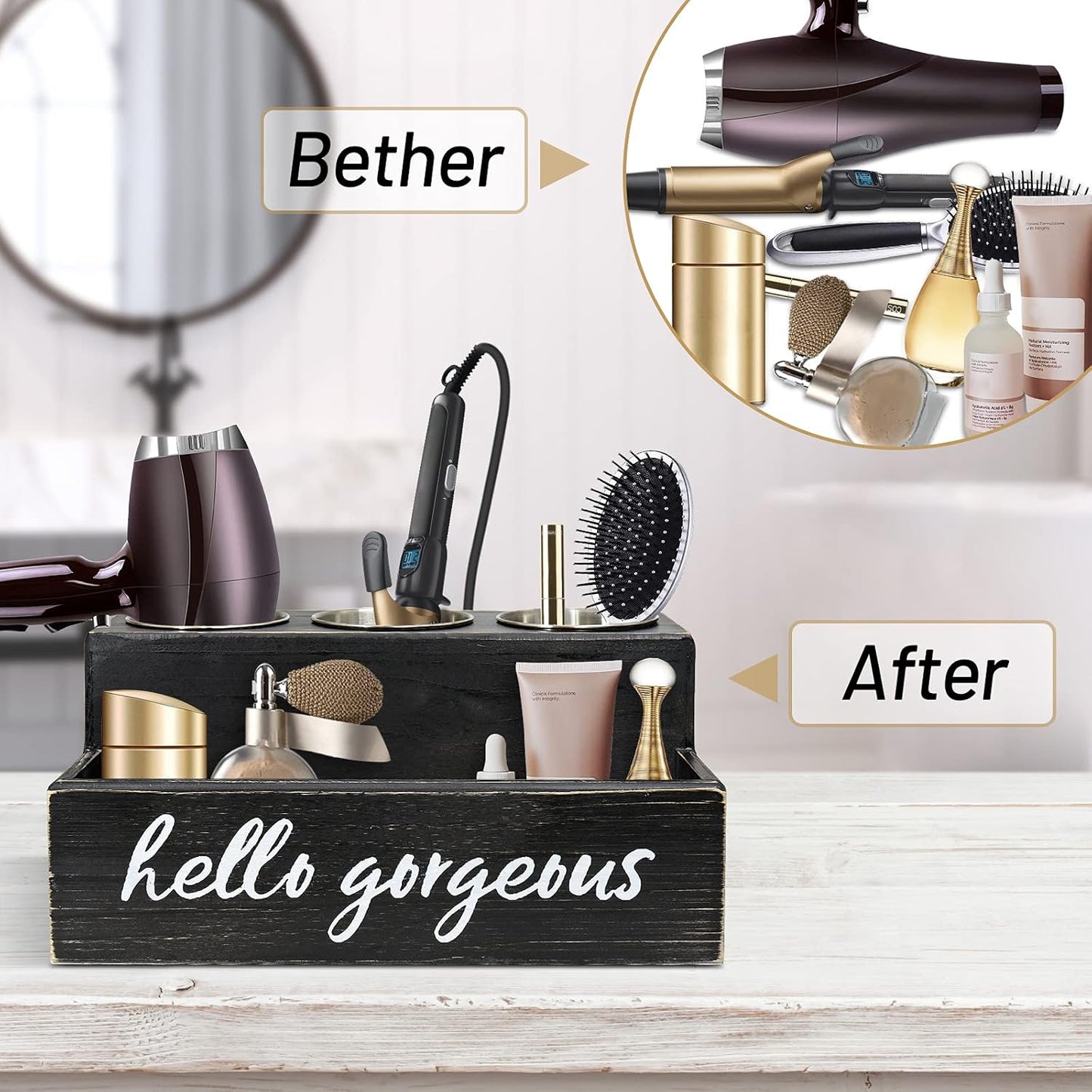 Professional Hair Tool Organizer - Black Countertop Holder for Blow Dryer, Curling Iron, and Styling Accessories - Elegant Bathroom Storage Solution for Makeup and Toiletries