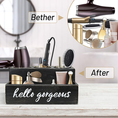 Professional Hair Tool Organizer - Black Countertop Holder for Blow Dryer, Curling Iron, and Styling Accessories - Elegant Bathroom Storage Solution for Makeup and Toiletries