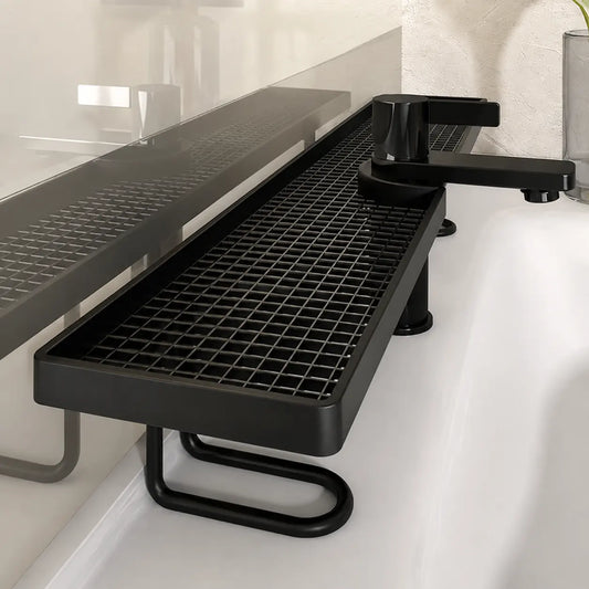 Carbon Steel Bathroom Organizer - 19.7 x 4.3 Inch Luxury Minimalist No-Drill Vanity Storage Rack, Moisture-Proof Anti-Mold Accessory for Skincare and Toiletries (Not Compatible with Circular Sinks; Please Verify Faucet Compatibility on Details Page)
