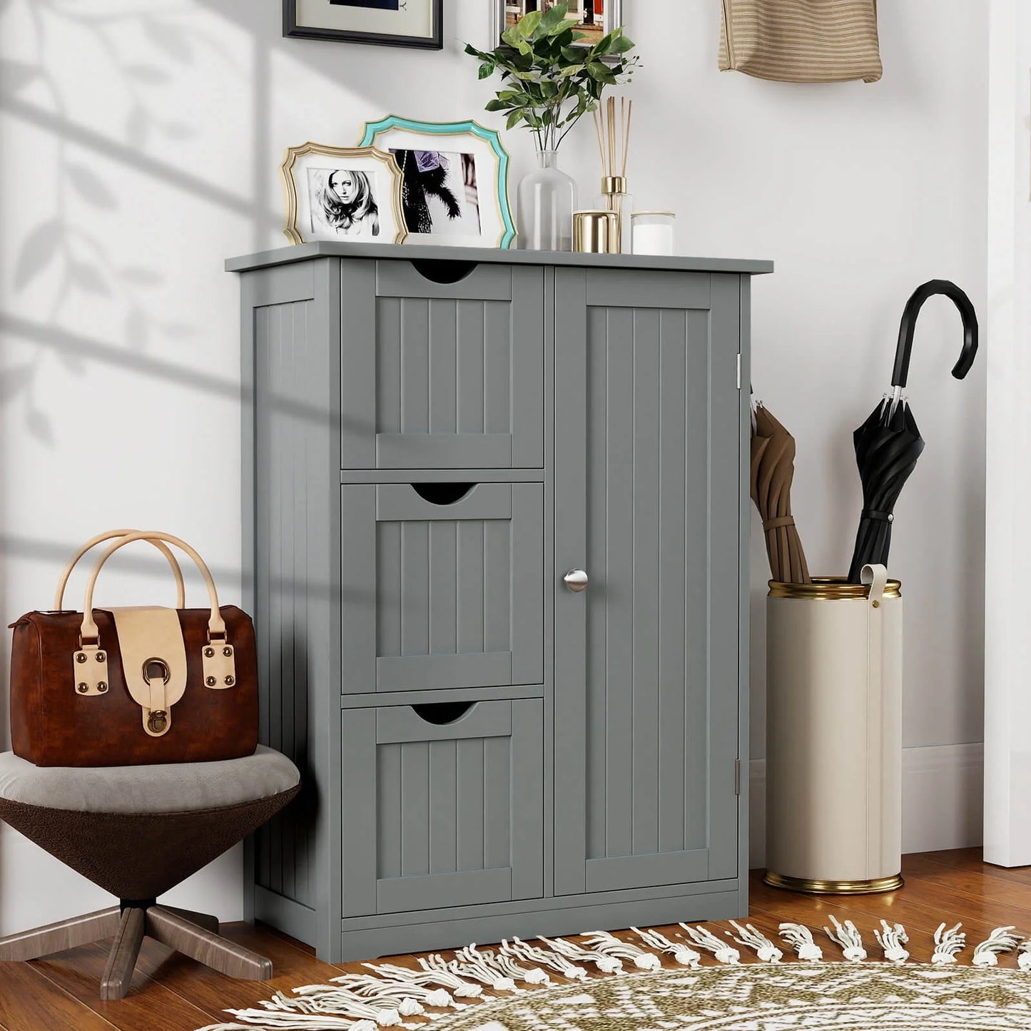 Grey Bathroom Floor Cabinet with Three Drawers and One Cupboard for Side Storage