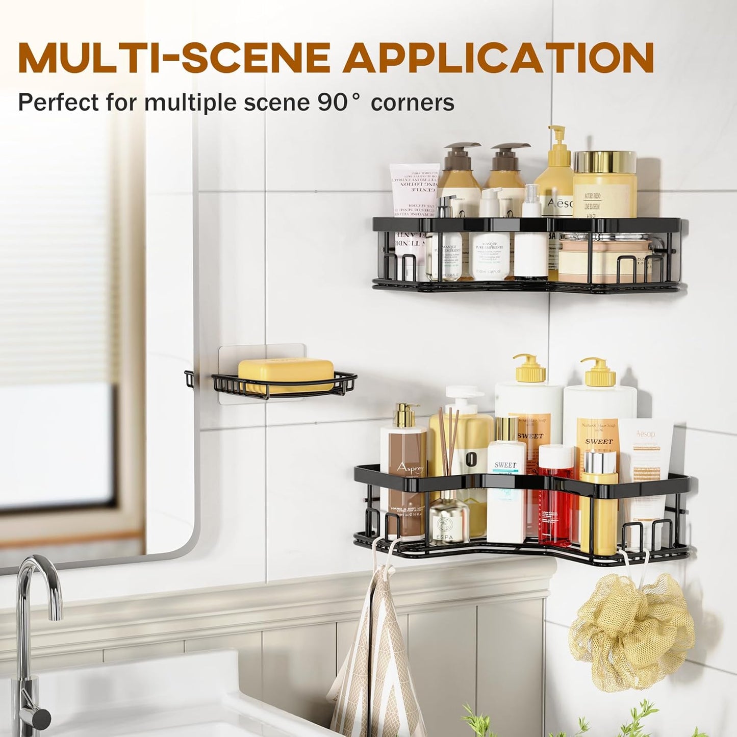 Corner Shower Caddy Set - 3 Pack, Stainless Steel Organizer with Soap Holder, Large Capacity, Easy Installation, No Drilling, Supports 40 lbs, Ideal for Family and Renters, Black