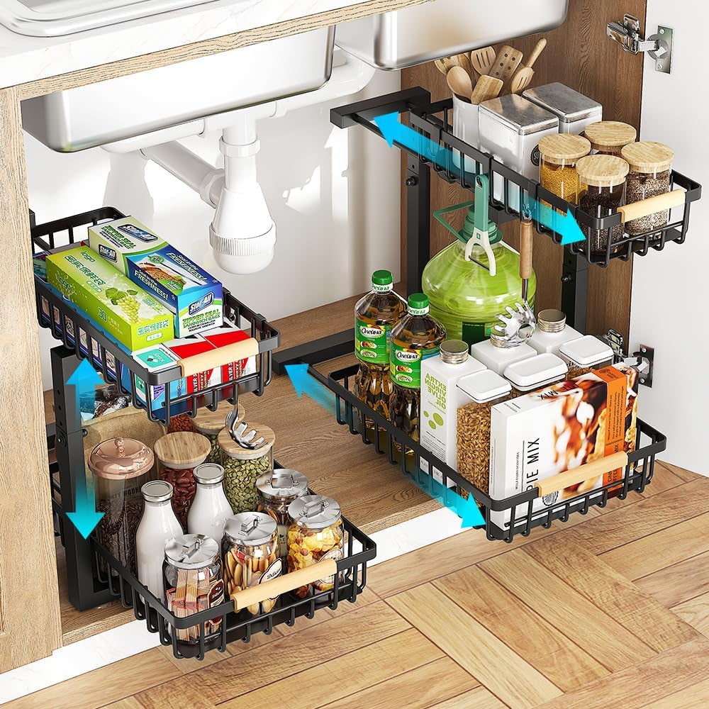 2-Tier Adjustable Metal Under Sink Organizer - Set of 2 Pull-Out Cabinet Shelves for Kitchen, Bathroom, and Pantry Storage