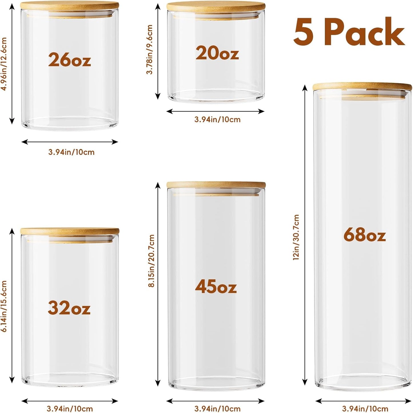Set of 5 Multi-Size Glass Storage Jars with Lids for Coffee and Candy Preservation