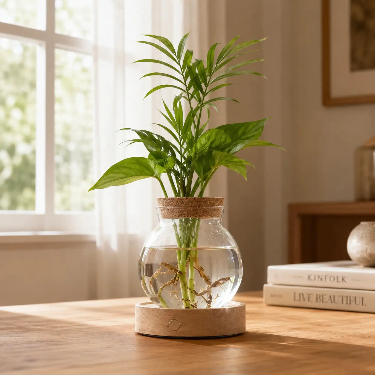 LED Plant Propagation Vase with Wooden Base, Stepless Dimmable Glass Hydroponic Terrarium, Indoor Plant Holder, Modern Home Decor Gift for Plant Lovers, Mom & Women