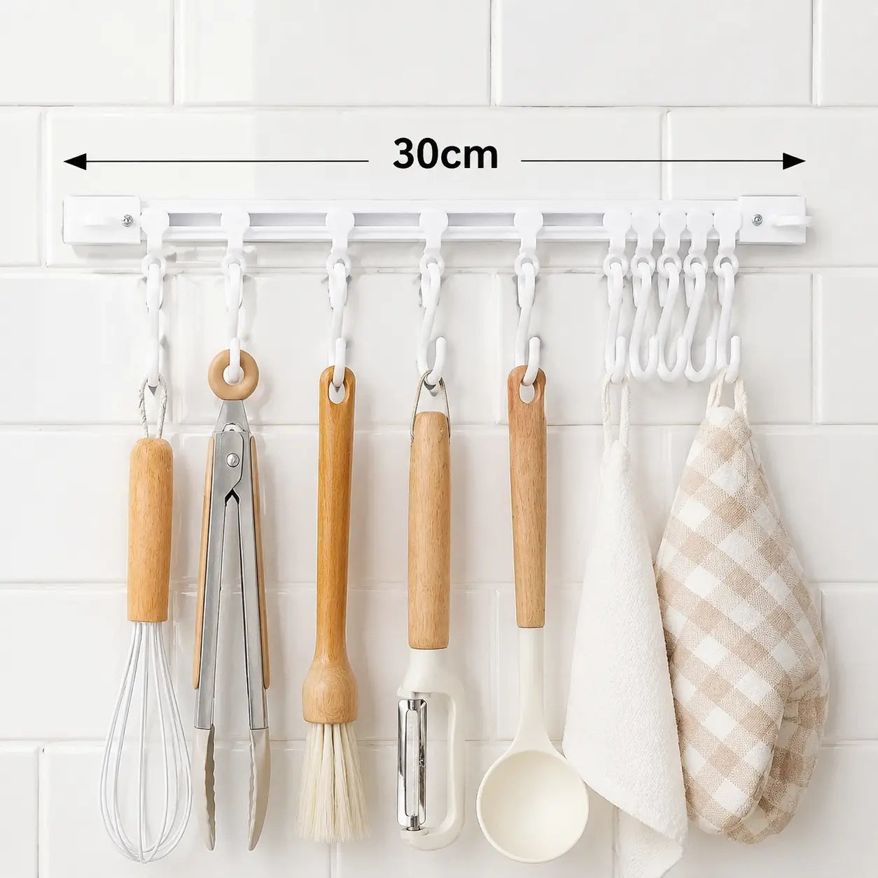 Adjustable 10-Hook Multifunctional Slide Rail Adhesive Wall Organiser, Kitchen Utensil Holder, Cupboard Hanging Storage Rack for Bathroom & Bedroom