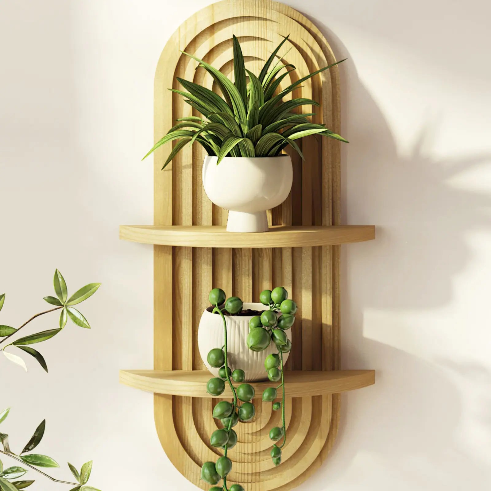 Bamworld Boho Wall Decor Plant Wall Shelf Mid Century Modern Decor Hanging Plant Shelf 2-Tier 1-Tier Wooden Floating Shelves for Home Bathroom Bedroom Living Room Office Holding Planter Decoration Walnut Natural