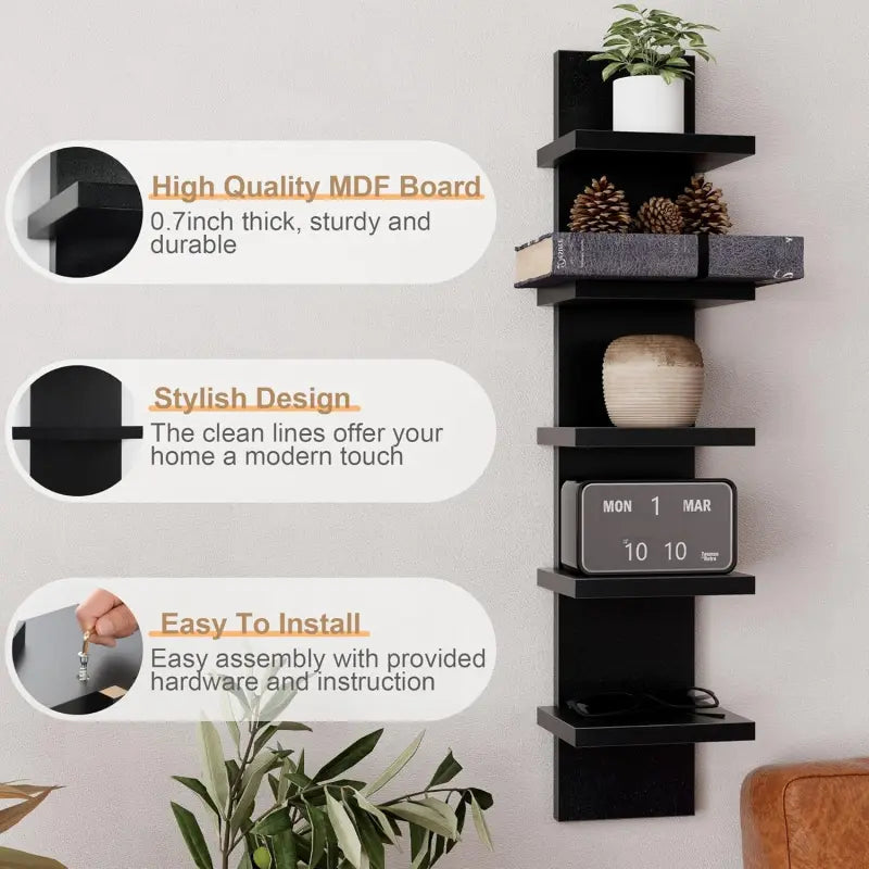 5-Tier MDF Wall Mount Floating Shelf Unit - Decorative Vertical Storage Organizer for Kitchen, Bedroom, Room Decor, Home Decor Items (Black)