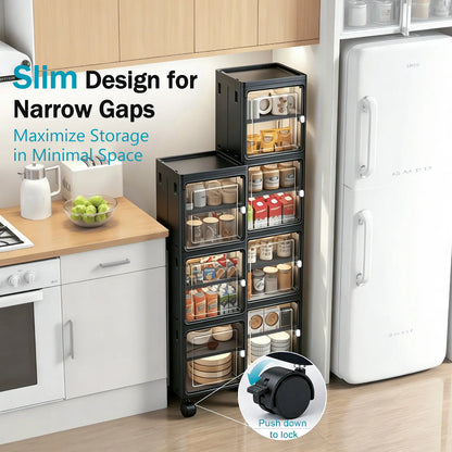 White Freestanding PP Plastic Pantry Storage Cabinet - 5-Tier Slim Narrow Unit with 360° Swivel Casters, Adjustable Shelves, Flat Fold, Lockable Modern Design, Furniture Storage for Kitchen Organizing, Bathroom