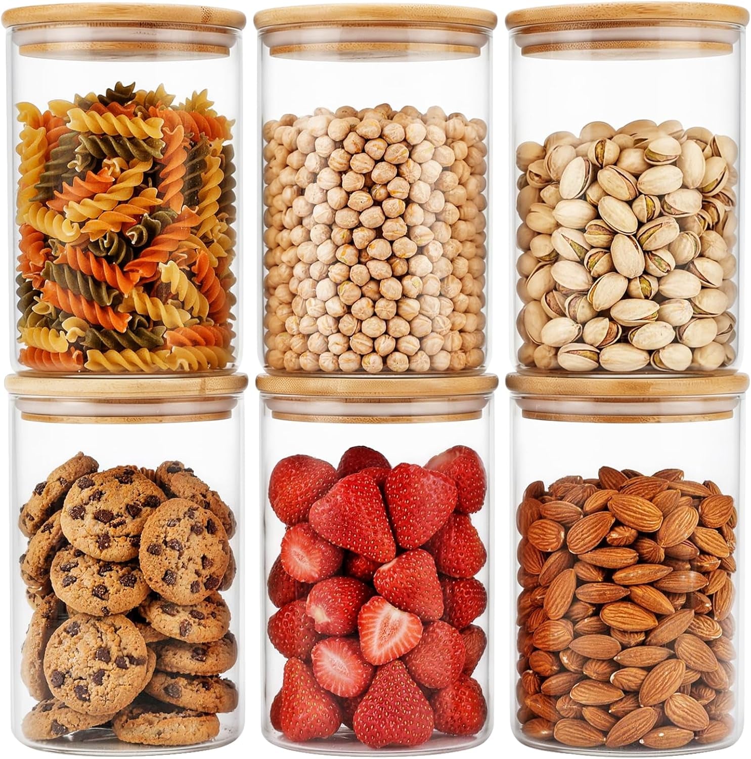 6Pcs Glass Food Storage Containers with Bamboo Lids, 1Qt Glass Jars