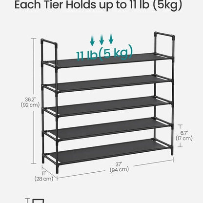SONGMICS 5-Tier Shoe Rack, Shoe Storage for Hallway Closet, Slim and Space-Saving, Metal Frame, Non-Woven Fabric Shelves