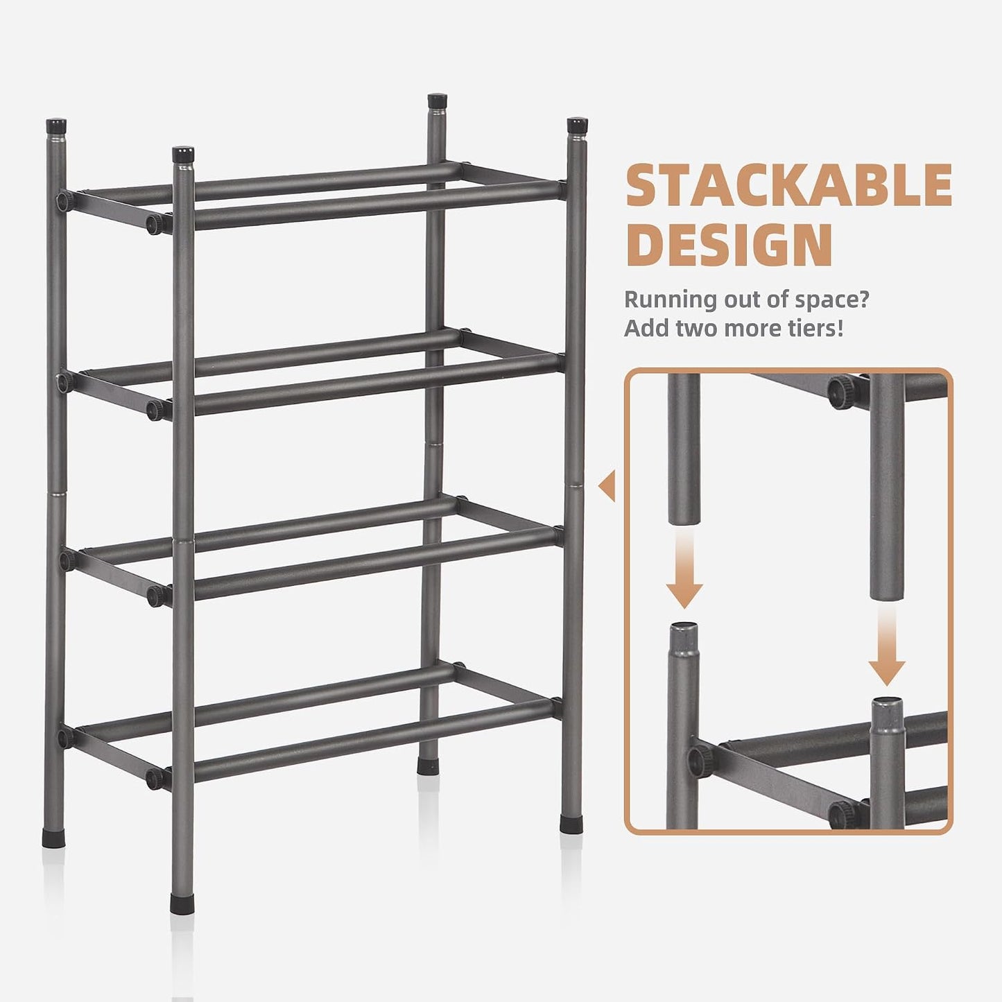 Expandable 2-Tier Shoe Rack, Adjustable Metal Organizer for 8 Pairs of Shoes, Stackable Design for Entryway, Hallway, and Garage, Black