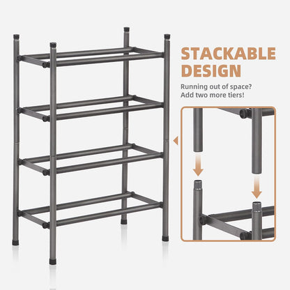 Expandable 2-Tier Shoe Rack, Adjustable Metal Organizer for 8 Pairs of Shoes, Stackable Design for Entryway, Hallway, and Garage, Black