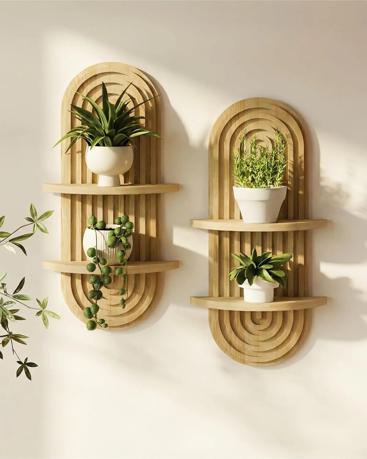 Bamworld Boho Wall Decor Plant Wall Shelf Mid Century Modern Decor Hanging Plant Shelf 2-Tier 1-Tier Wooden Floating Shelves for Home Bathroom Bedroom Living Room Office Holding Planter Decoration Walnut Natural