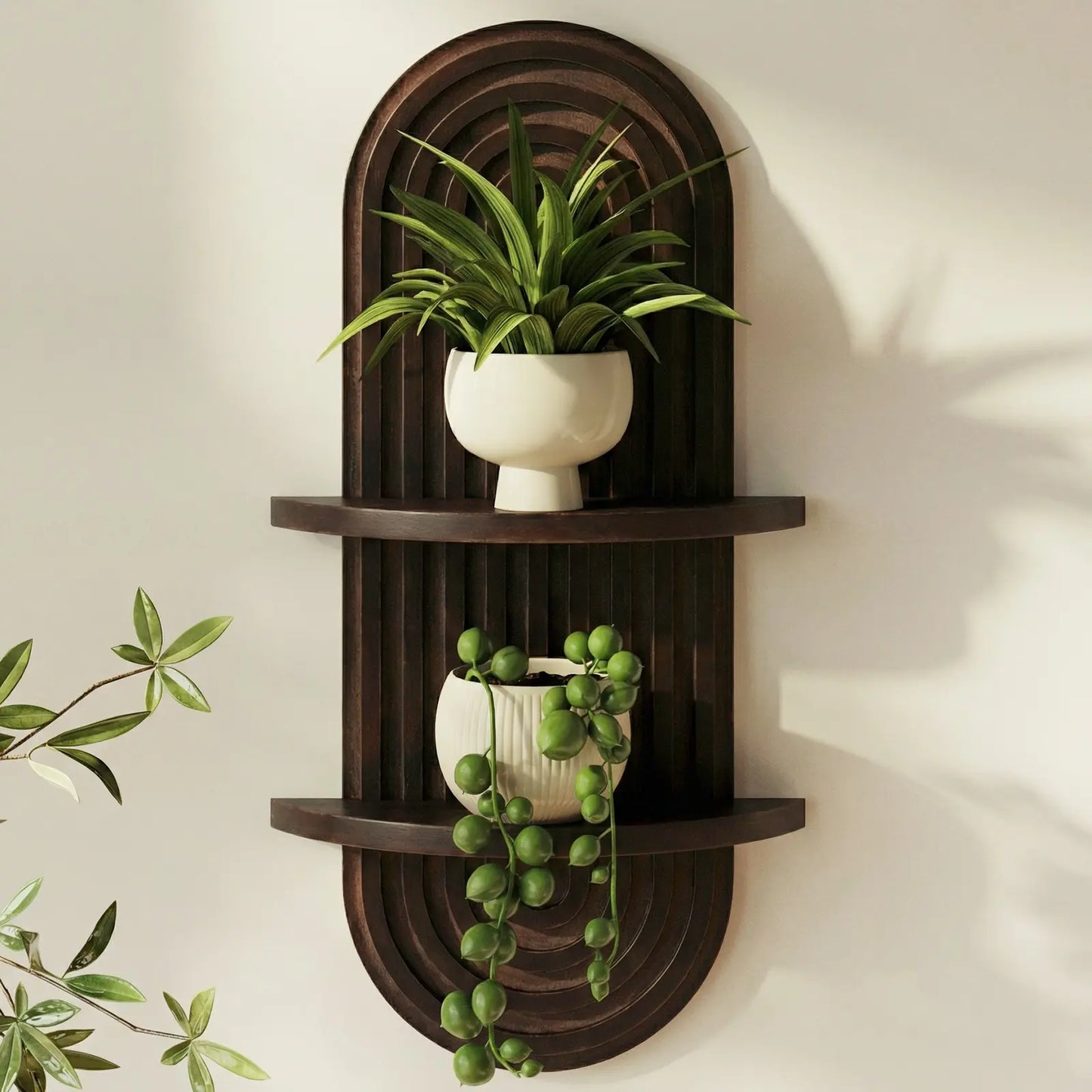Bamworld Boho Wall Decor Plant Wall Shelf Mid Century Modern Decor Hanging Plant Shelf 2-Tier 1-Tier Wooden Floating Shelves for Home Bathroom Bedroom Living Room Office Holding Planter Decoration Walnut Natural