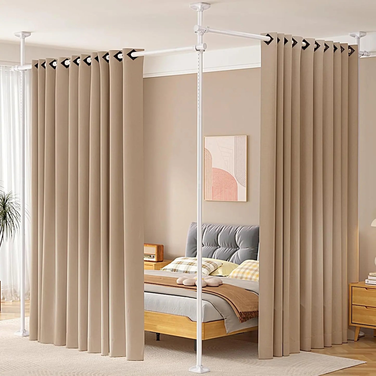 Room Divider No Drilling Curtain Rod Wall Divider for Room Separation, 4-10Ft(H) 28-114Inch(W) Adjustable, Heavy Duty Partition Space Separator Freestanding Tension Curtain Stand, Black