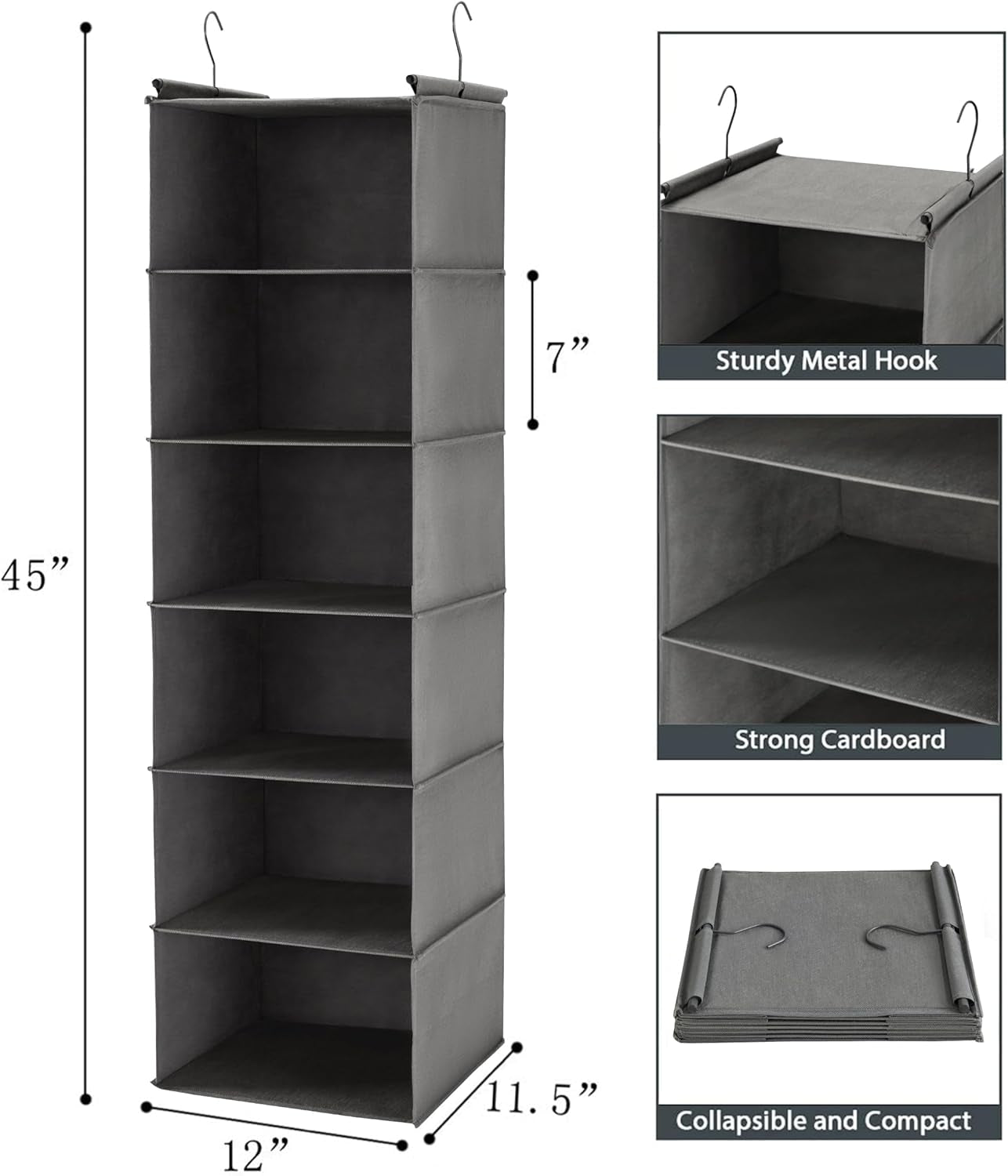 6-Tier Hanging Closet Organizer with Two Durable Hooks, Grey