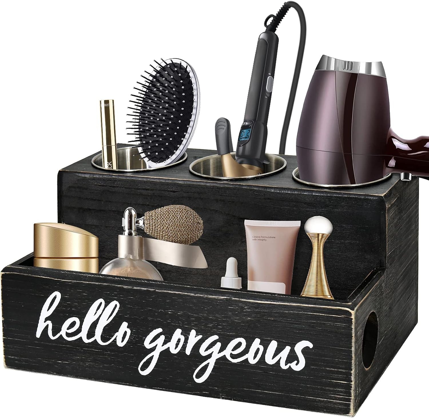 Professional Hair Tool Organizer - Black Countertop Holder for Blow Dryer, Curling Iron, and Styling Accessories - Elegant Bathroom Storage Solution for Makeup and Toiletries
