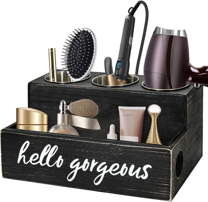 Professional Hair Tool Organizer - Black Countertop Holder for Blow Dryer, Curling Iron, and Styling Accessories - Elegant Bathroom Storage Solution for Makeup and Toiletries