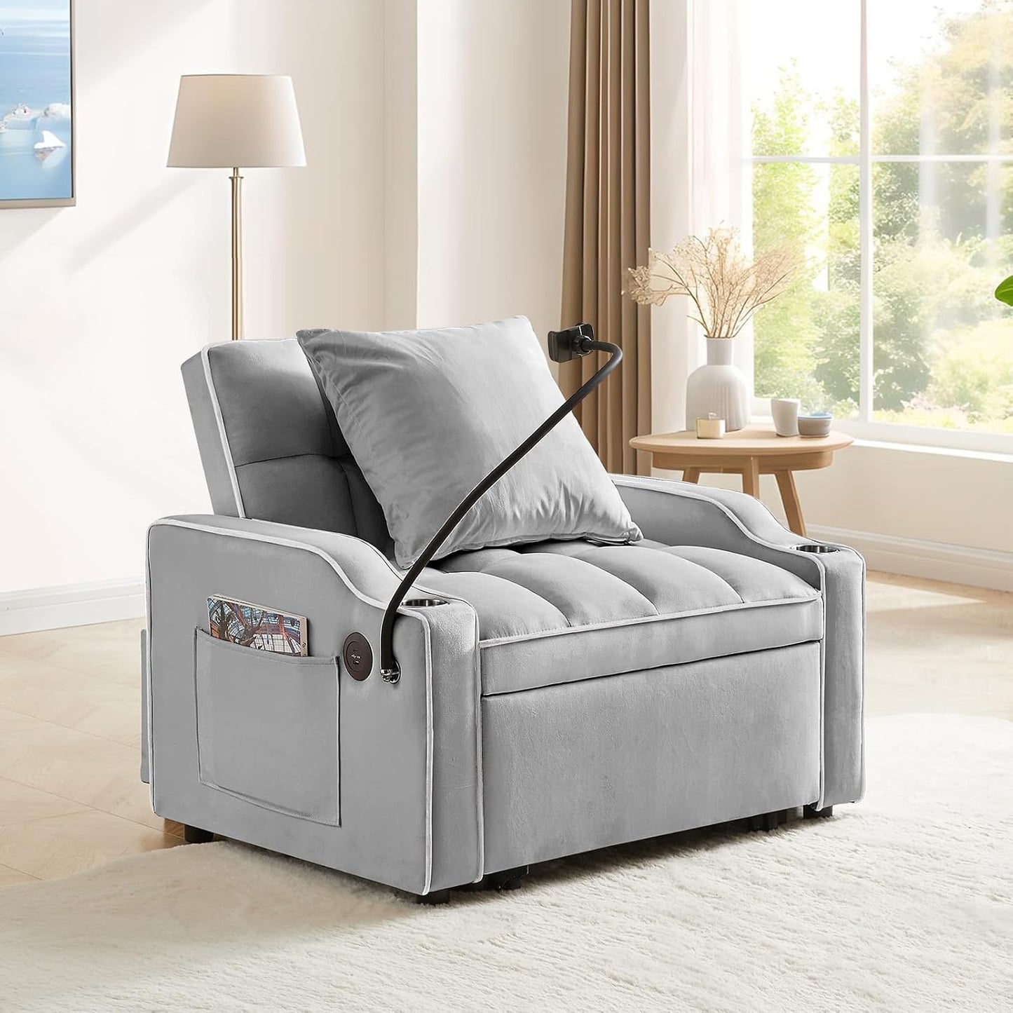 Convertible Velvet Futon Sleeper Chair Bed with Phone Holder and USB Ports, Adjustable Recliner Armchair for Living Room and Office, Ideal for Small Spaces (Grey)