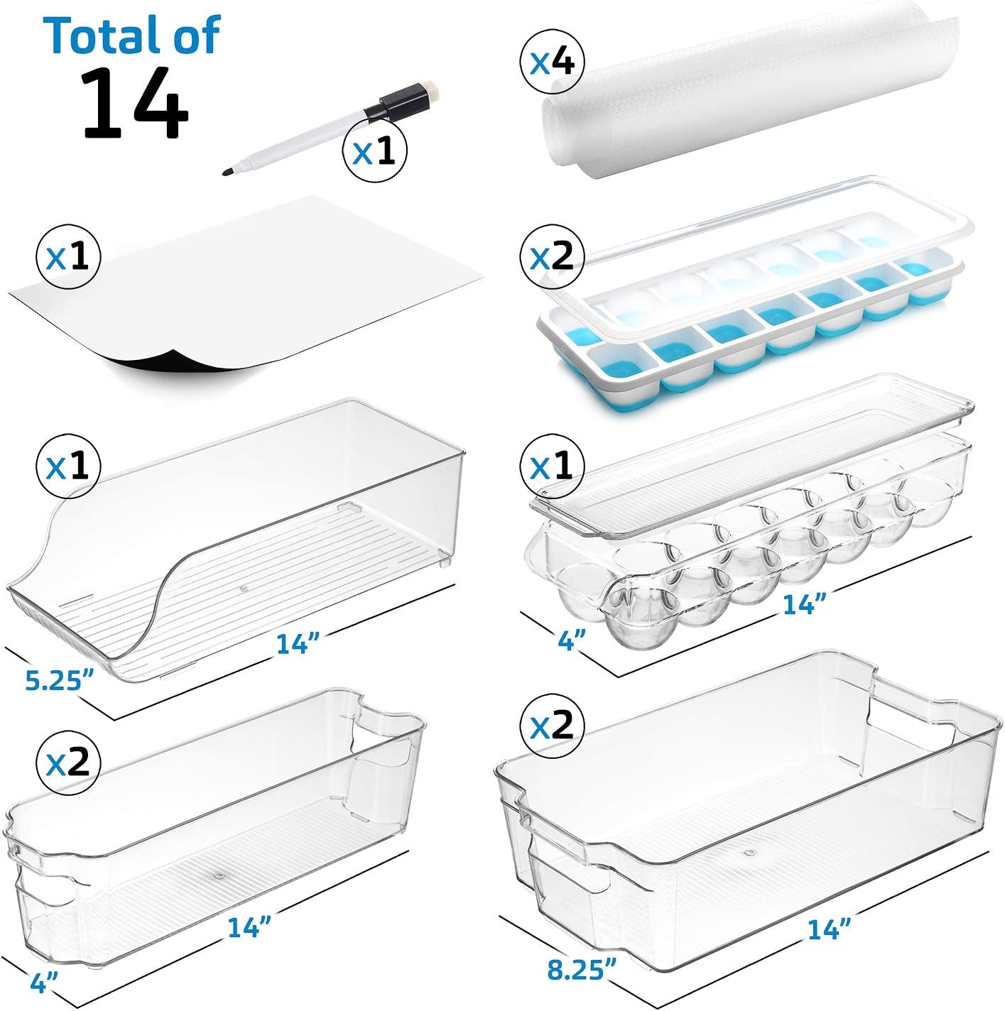 14-Piece Stackable Clear Acrylic Refrigerator and Freezer Organizer Set