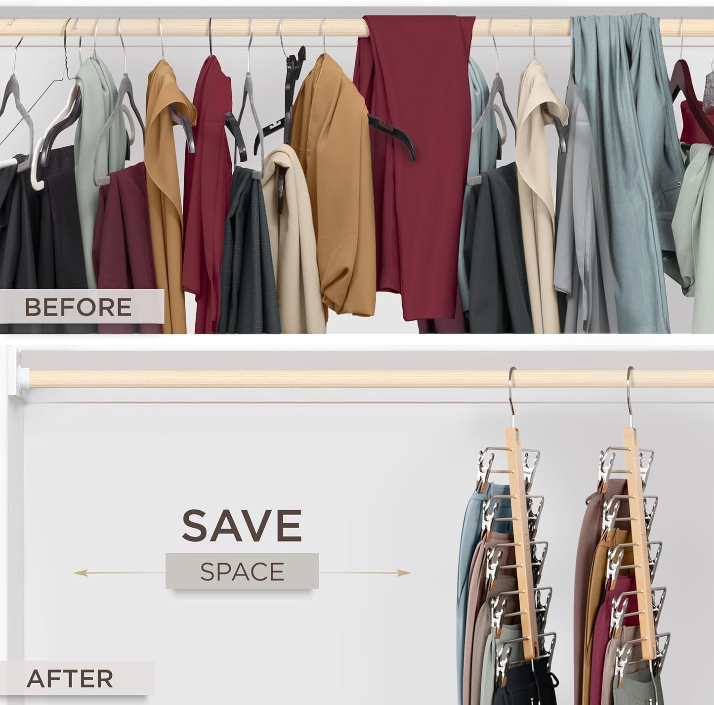 Skirt Hangers Space Saving with Clips - 2 Pack - European Beechwood 5-Tier Hanger for Shorts, Skirts, and Pants - Closet Organizer and Storage Solution for Women with 360° Swivel Hook