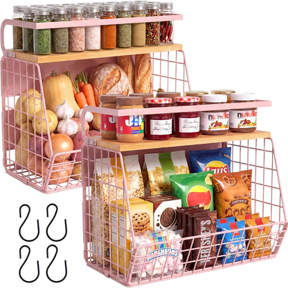 Magnetic Shelf for Fridge with Wood Lid, Fruit Potato and Onion Storage Bins, Pantry Organizers & Storage, Large Container Magnetic Spice Rack for Refrigerator, Kitchen Counter, Cabinet (Pink, 2)