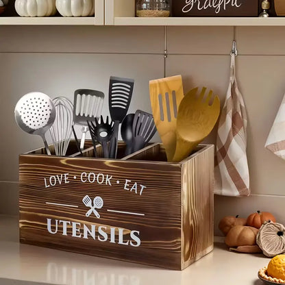 Rustic Brown Wooden Utensil Holder - 3-Compartment Kitchen Caddy for Cooking Tools and Accessories