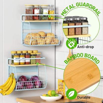 Magnetic Refrigerator Shelf with Wooden Lid for Fruit, Potato, and Onion Storage - Large Pantry Organizer and Spice Rack for Kitchen Counter and Cabinet (Blue, 1)