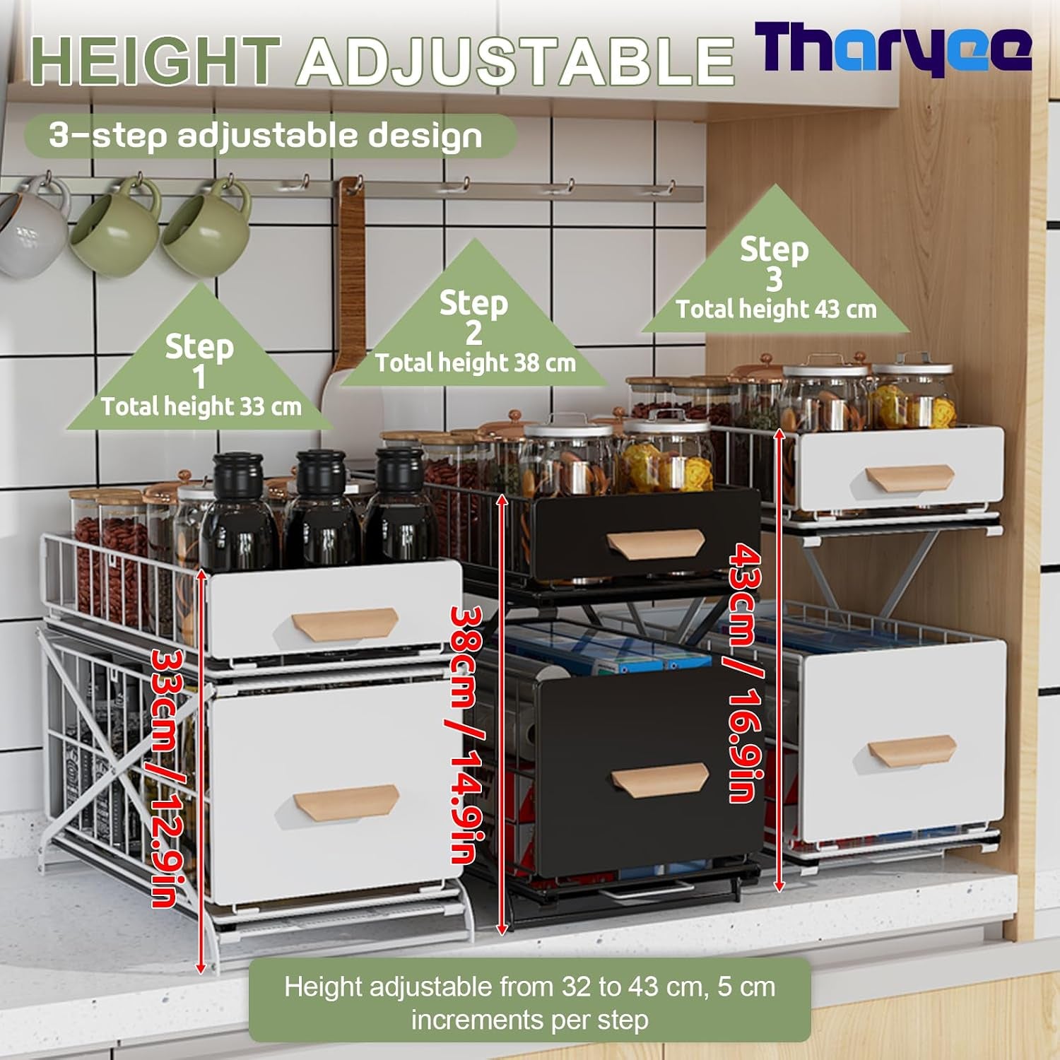 2 Tier Pull Out Cabinet Organizer, under Sink Organizer, Black